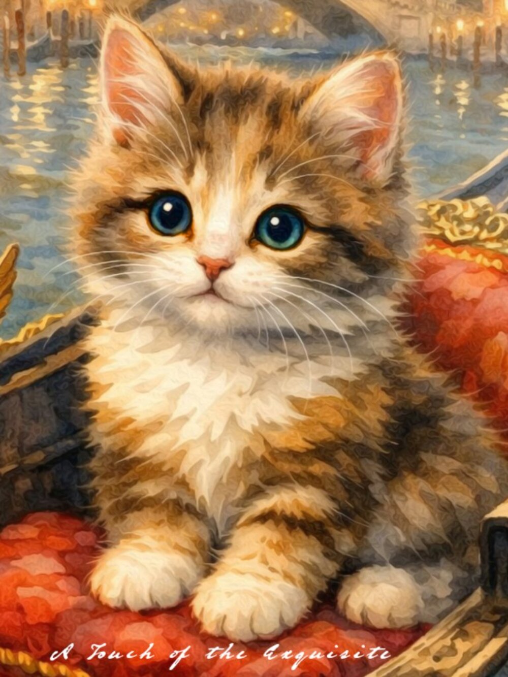 4x6 Adorable Kitten in Venice Gondola Watercolor Oil Painting Fantasy Art Print